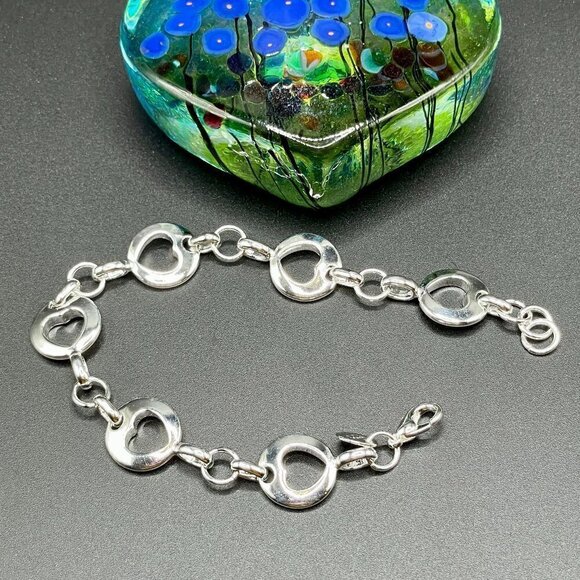 Sterling Silver 925 Smooth Round Bead with Heart Cutout Chain Bracelet #1176 - Picture 6 of 7